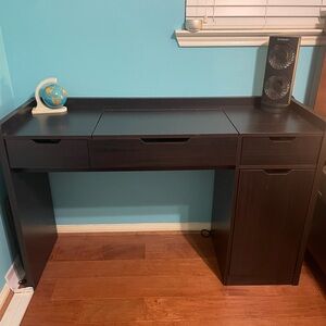 Sleek Wooden Dark Brown Home Office Desk w/ Flip Up Mirror